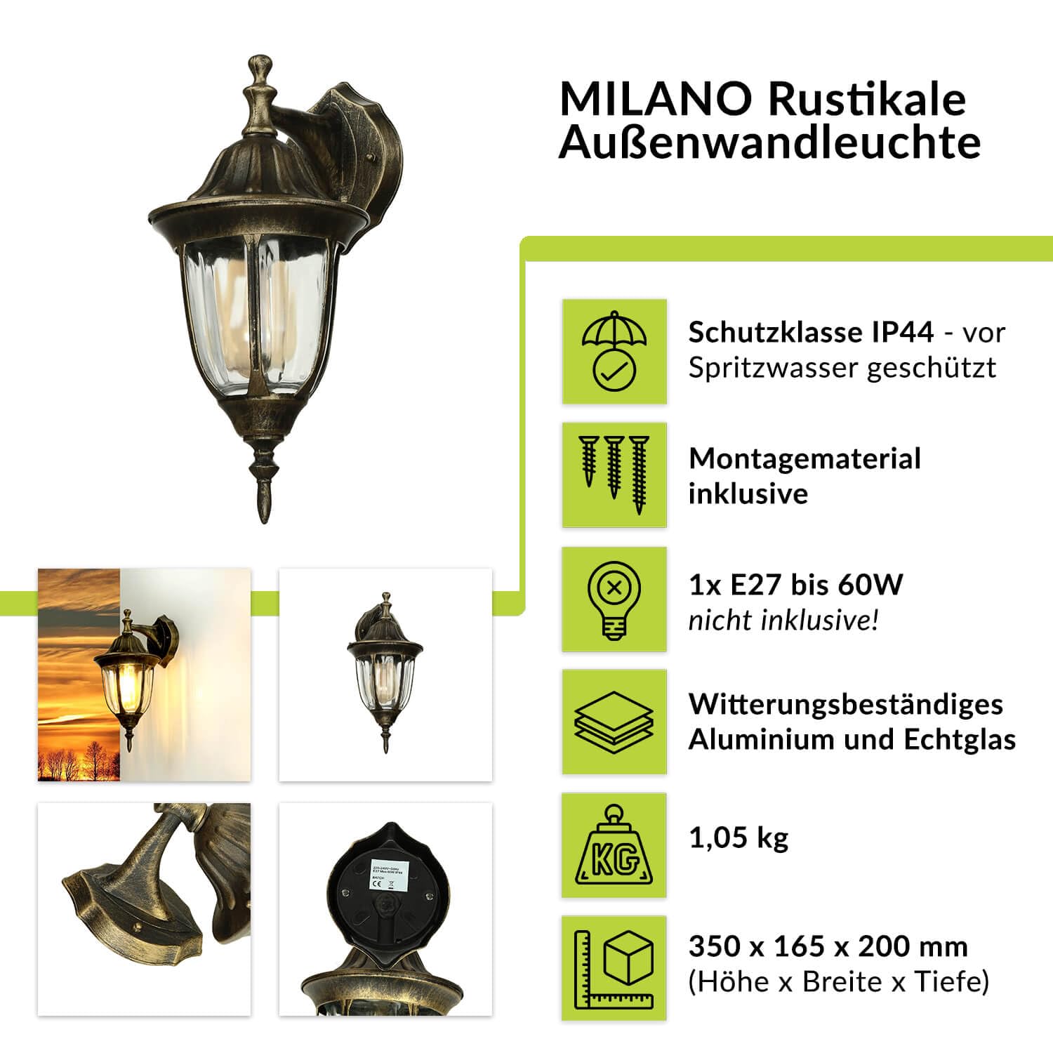 Licht-Erlebnisse Außenwandleuchte Aluminium Glas in Gold Antik IP44 Garten Terrasse H:35 cm E27 Laterne hängend Rustikale Außenlampe Wand Hof MILANO