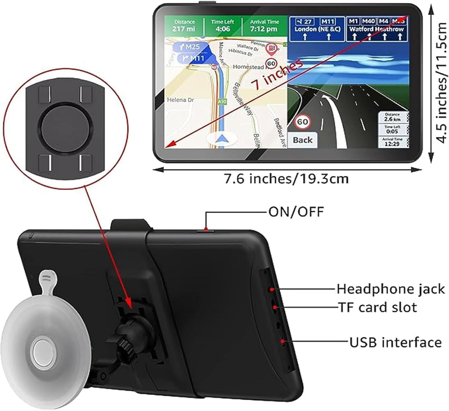 LONGRUF GPS Navigator showing dimensions and ports