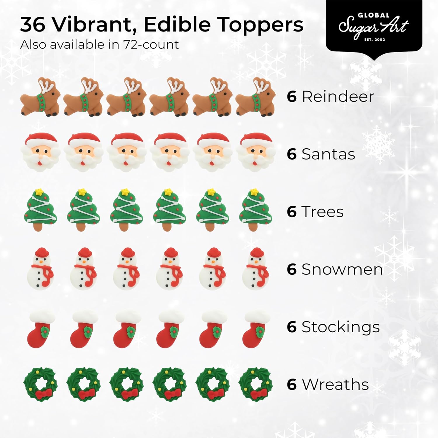 Christmas Cupcake Toppers, Holiday Cake Toppers, Royal Icing Decorations, Cupcake Decorations, Cake Toppers, Holiday, Edible, Cookies and Chocolates, by Global Sugar Art (Santa Reindeer, 72 Count)