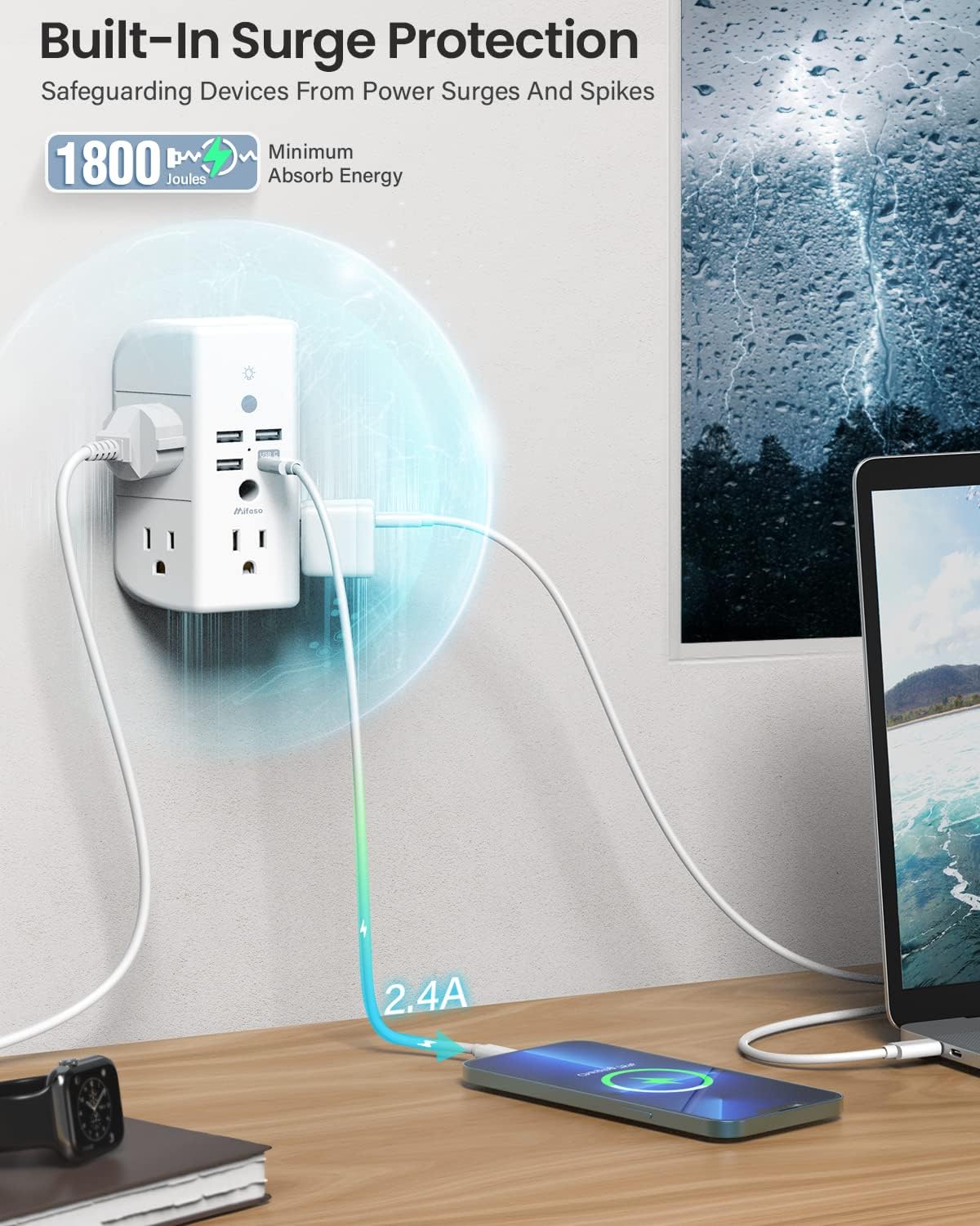 Mifaso Outlet Extender with Shelf and Night Light, 1800J Surge Protector — Amazon image 6