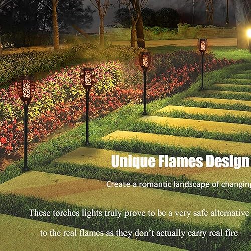 Miniatura 7 de EOYIZW Paquete de 4 luces solares para exteriores, 99 luces LED solares con llama parpadeante, luces solares de jardín impermeables IP65, luces