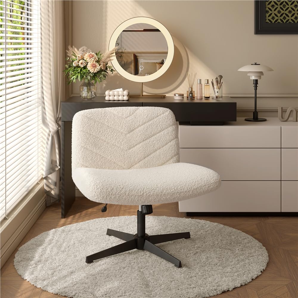 Yaheetech Chaise de Bureau sans roulettes, Fauteuil de Bureau sans Accoudoirs avec Large Assise, Fauteuil Pivotant en Tissu Bouclette, Chaise Réglable en Hauteur, pour Bureau Chambre, Ivoire