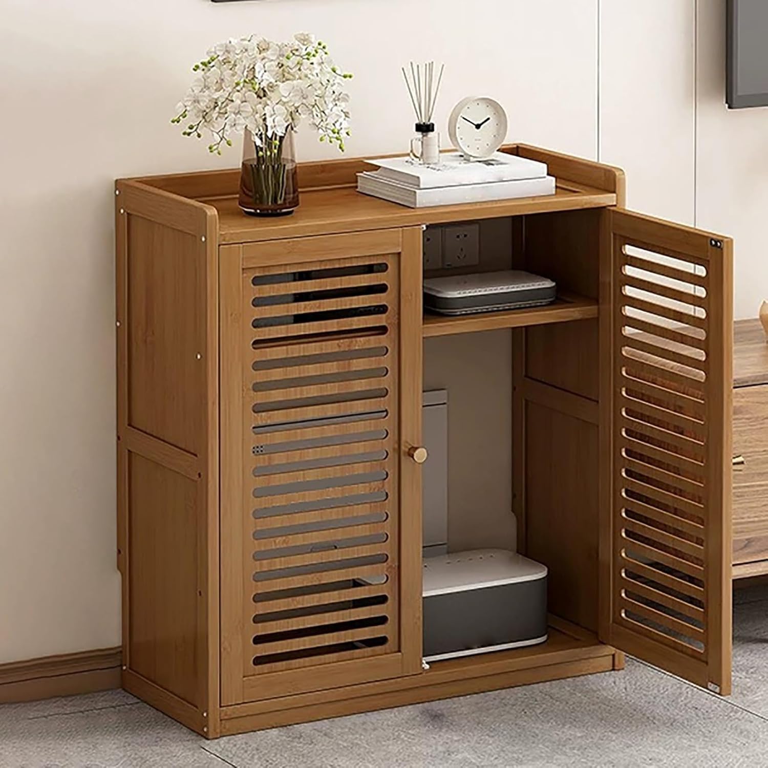 Router WiFi Cabinet with Door Latch - Adjustable Ventilated Router Storage Enclosure, Wood-Look Media Stand for Home Or Office(Black)