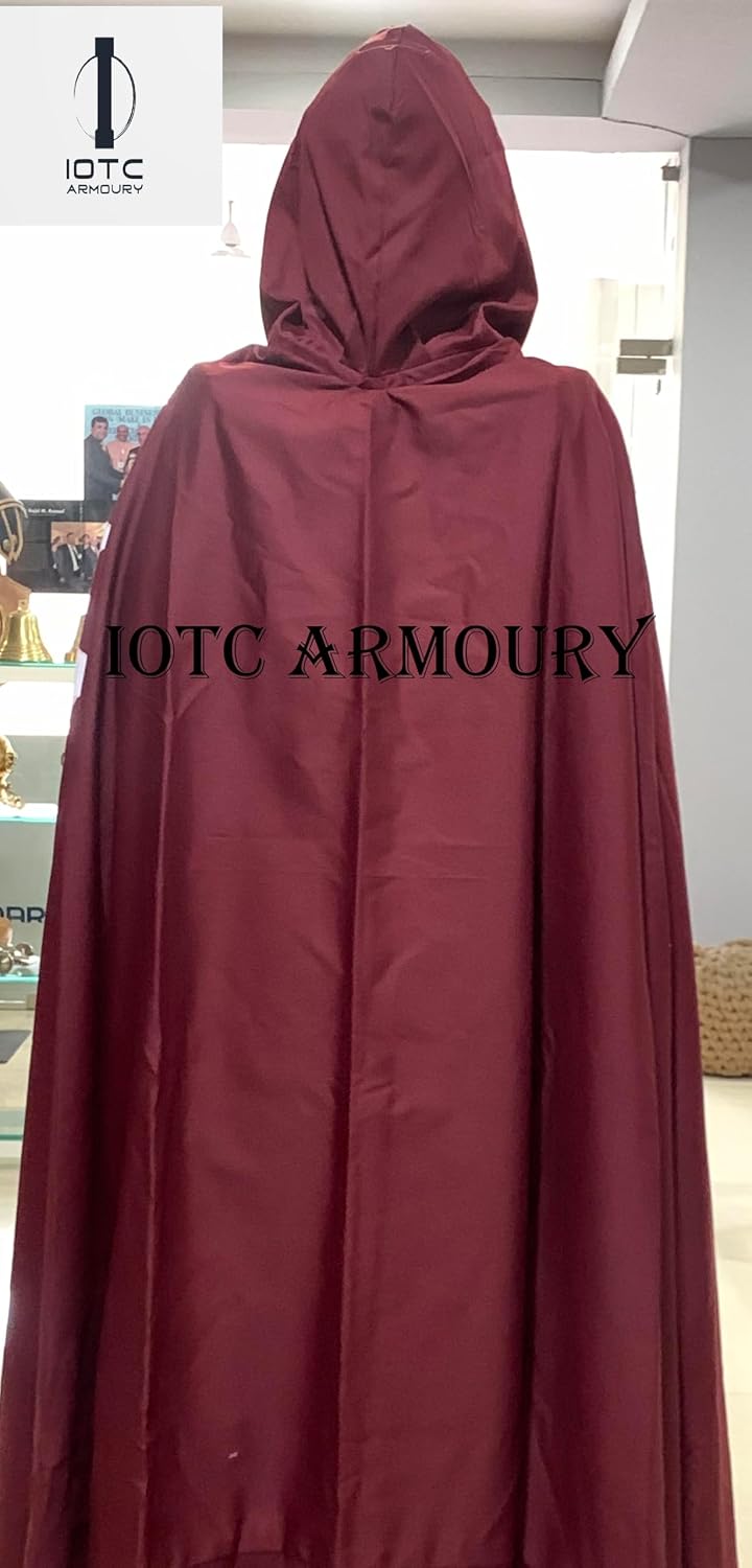 Halloween Hooded Cloak & Tunic with Skeletal Face Armor Helmet & Brass Gauntlets-Medieval Armor Skull Face Ghost Costume for Halloween, LARP, Cosplay Event, Fantasy Armor Costume, Display Armor Red