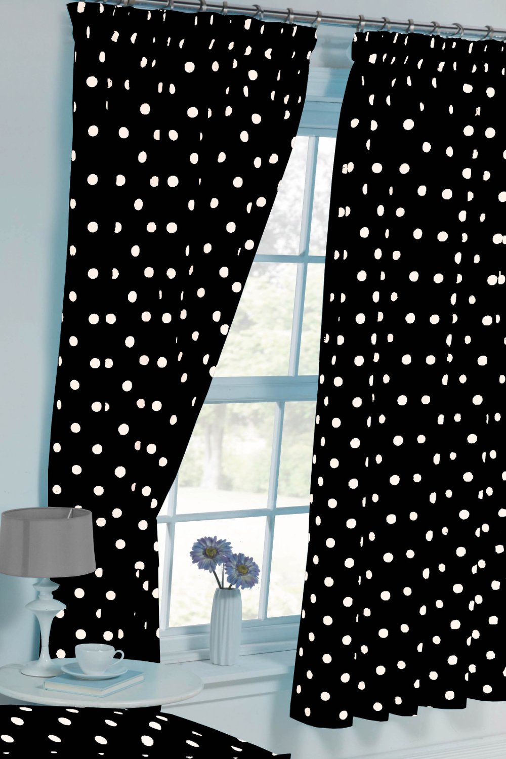 My Home 66"x72" Polka Dot Black/White, Curtains + Matching Tie-Backs, Modern Spot Dot Design