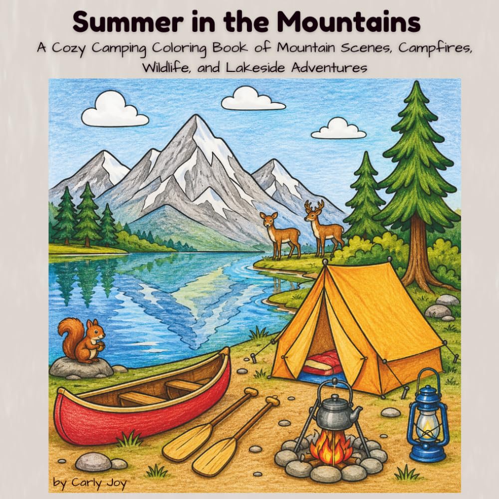 Summer in the Mountains: A Cozy Camping Coloring Book of Mountain Scenes, Campfires, Wildlife, and Lakeside Adventures