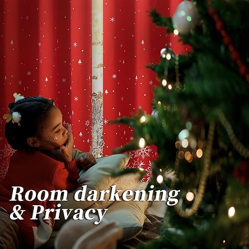 Miniatura 3 de BGment Cortinas rojas de Navidad para sala de estar, decoración navideña con ojales, cortinas opacas con árbol de Navidad y estampado de copo de