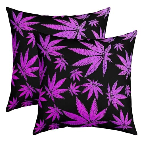 Feelyou Marijuana Leaf Throw Pillow Covers 16"x16" Set of 2 Soft Weed Leaf Botanical Pillow Cases Cushion Covers for Living Room Bedroom Black Purple Decorative Throw Pillowcases for Sofa Co