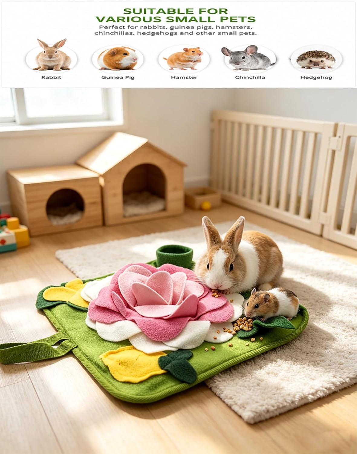 Rabbit Foraging Mat, Snuffle Mat for Small Animals Bunny Puzzle Toys Pets Interactive Feeding Mat for Hedgehog Chinchilla Puppies (Pink)