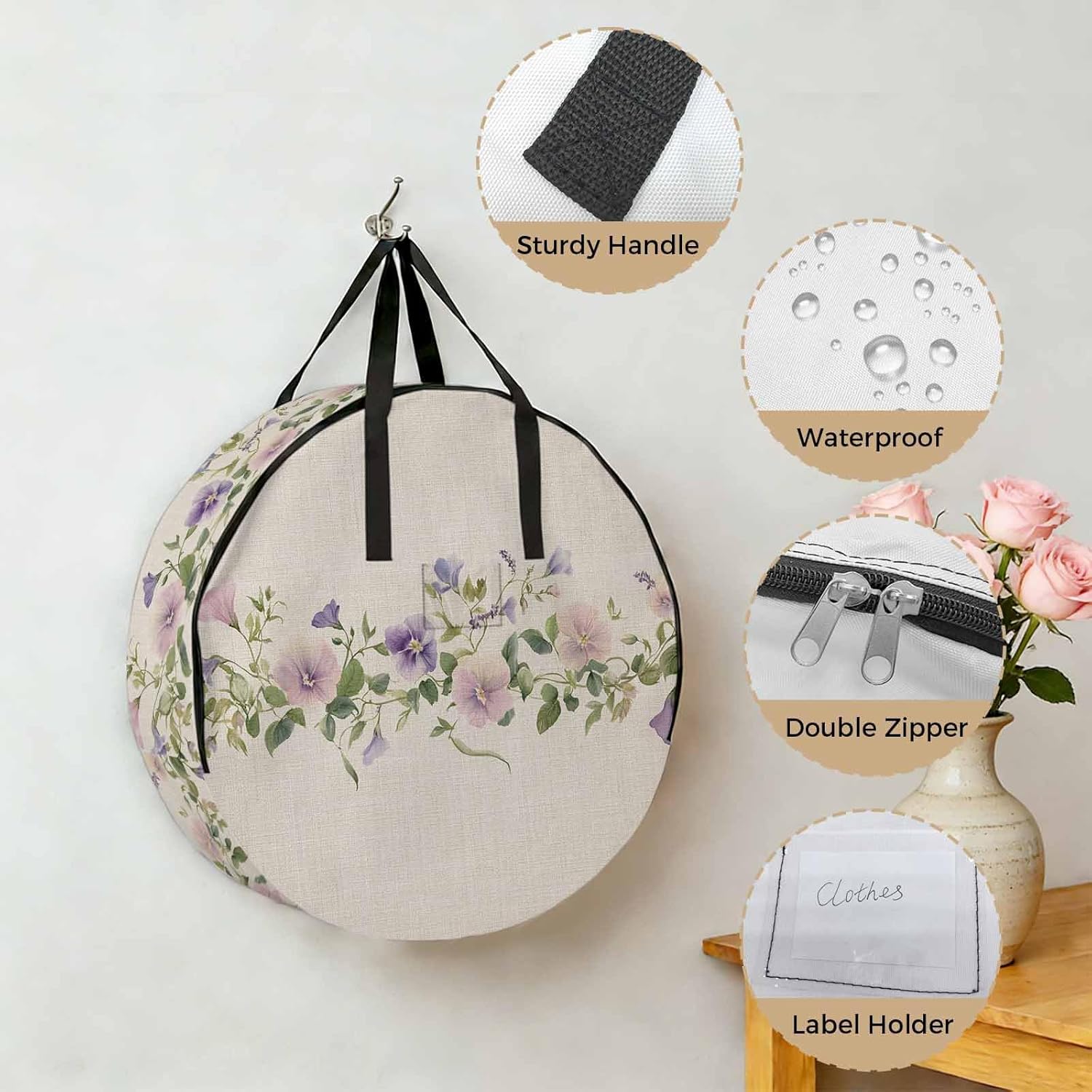 Spring Floral Round Storage Bag 36 Inch, Retro Purple Flower Watercolor Plant Linen Texture Clothes Storage Container with Handles Heavy Duty Organizer for Comforter, Bedding & Holiday Wreaths