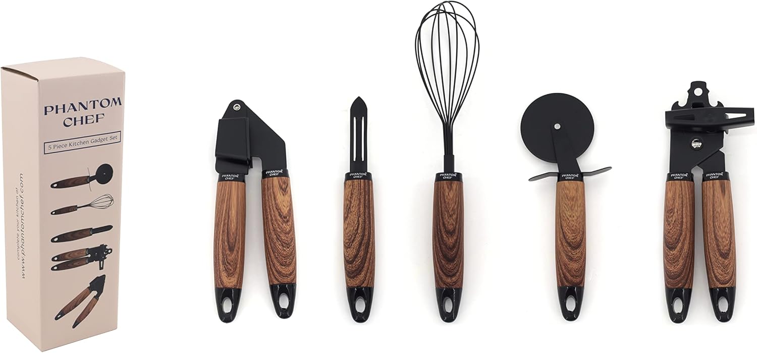 Phantom Chef 5 Piece Kitchen Gadget Set | Pizza Cutter, Egg Whisk, Vegetable Peeler, Can Opener, Garlic Press | Stainless Steel | With Soft Touch Faux Wood Handle | 5 Pcs Cooking Utensil Set (Black)