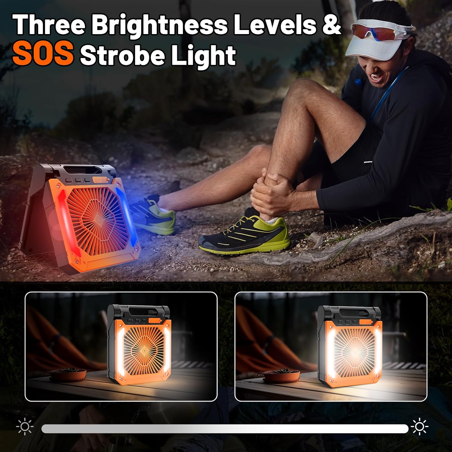 20000mAh Solar Battery Operated Fan for Camping, 3 Speeds Folding Timable Rechargeable Desk Fan with LED & SOS Strobe Light, Hangable USB Charger Port Camping Fan Power Bank for Home Office Travel