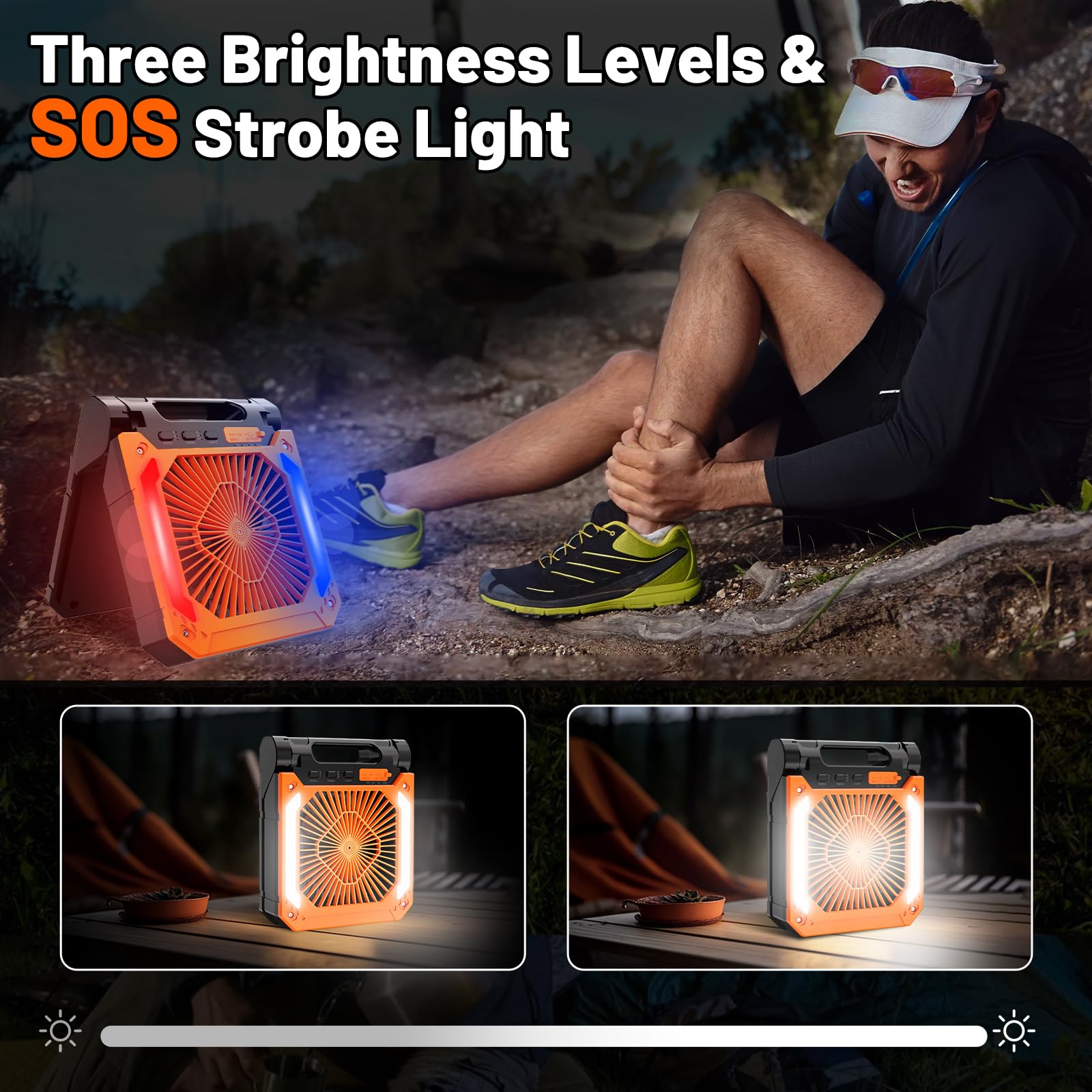 Ventilatore da Campeggio 20000mAh, Portatile Ricaricabile con Pannello Solare, Lampada LED 20 Luci, Power Bank, Gancio Girevole e Diffusore Aromi per Tenda, Viaggio, Emergenza
