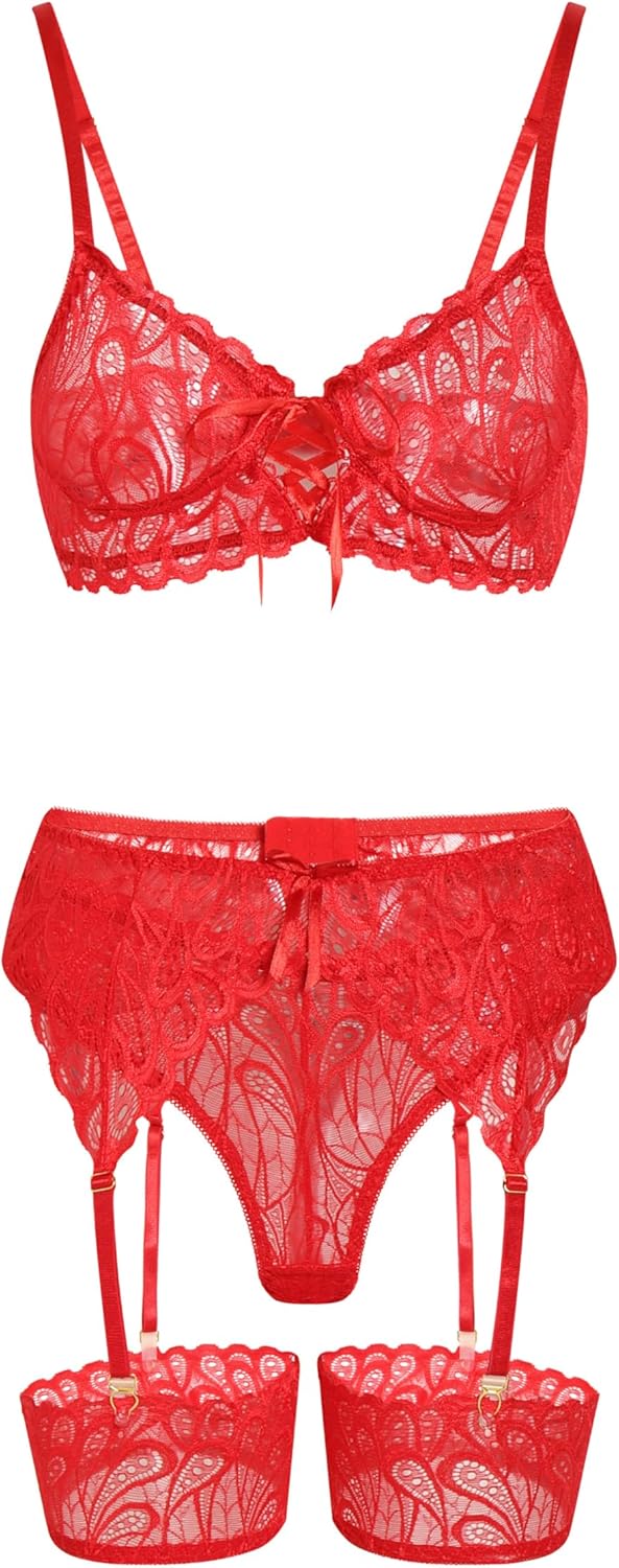 Lilosy Sexy Bow Feather Floral Lace Sheer Underwire Push Up Garter Lingerie Set - Image 3