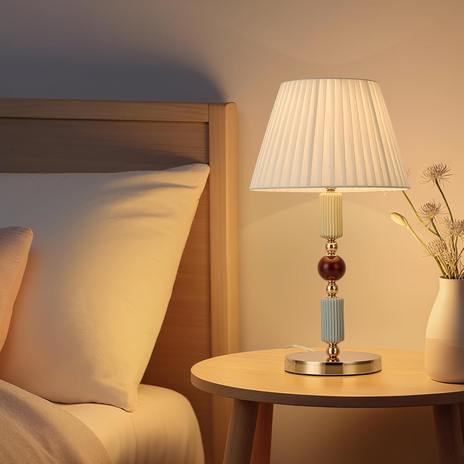 White Fabric Shade Table Lamp Modern Metal Desk Lamp with Plug Cord Switch for Bedroom Bedside