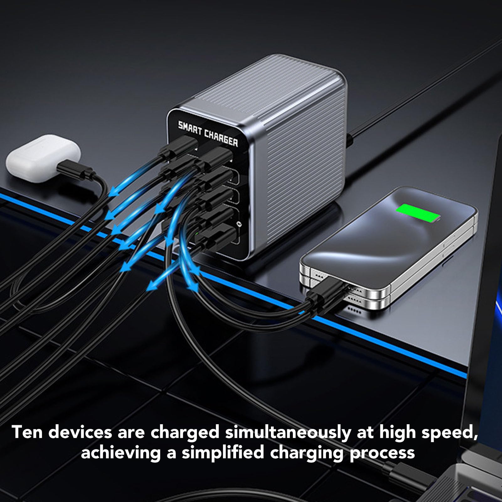 Stacja Szybkiej ładowarki GaN 200 W, 10 Portów Hub do ładowania Biurkowego z 2 Wyjściami QC3.0 8 PD, do Laptopa, Telefonu, Tabletu, Szybkiego ładowania Wielu urządzeń (Wtyczka UE)