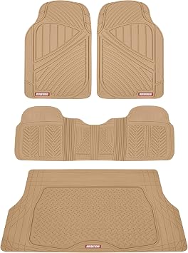 Motor Trend FlexTough Performance All Weather Rubber Car Floor Mats with Cargo Liner - Full Set Front & Rear Floor Mats for Cars Truck SUV, Automotive Floor Mats Beige