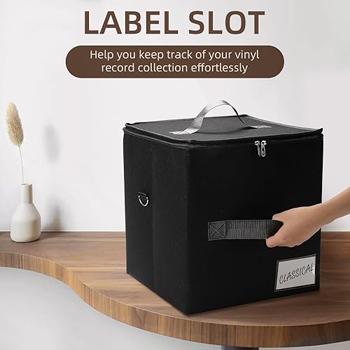 Miniatura 7 de Rasugarlary Caja de almacenamiento de discos de vinilo con capacidad para más de 50 discos con tapa para proteger álbumes, organizador de