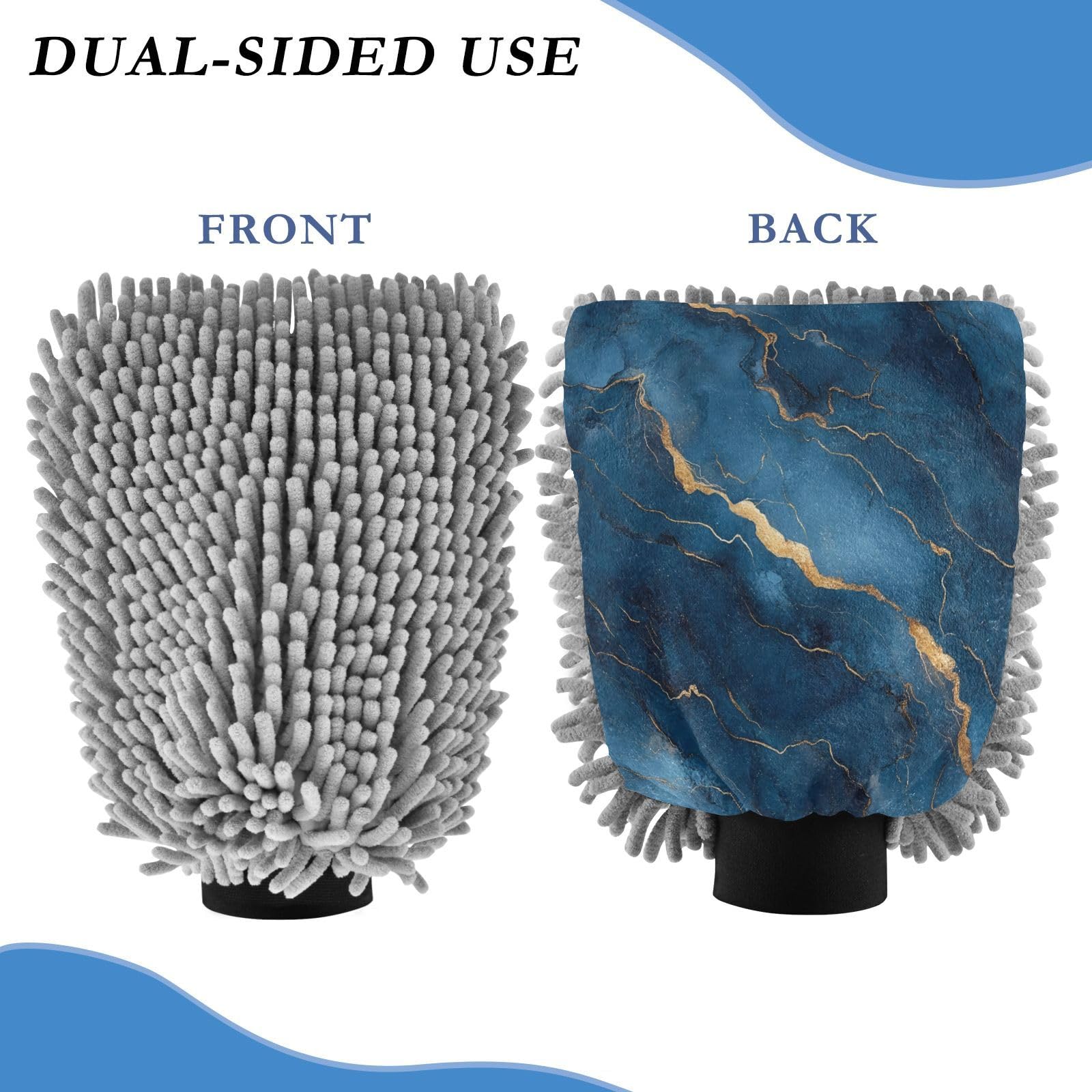 STAYTOP Beautiful Blue Marble Texture Car Wash Mitt Microfiber, 2Pcs Scratch Free Lint-Free, Premium Chenille Microfiber Mitt Car Wash Brush-M