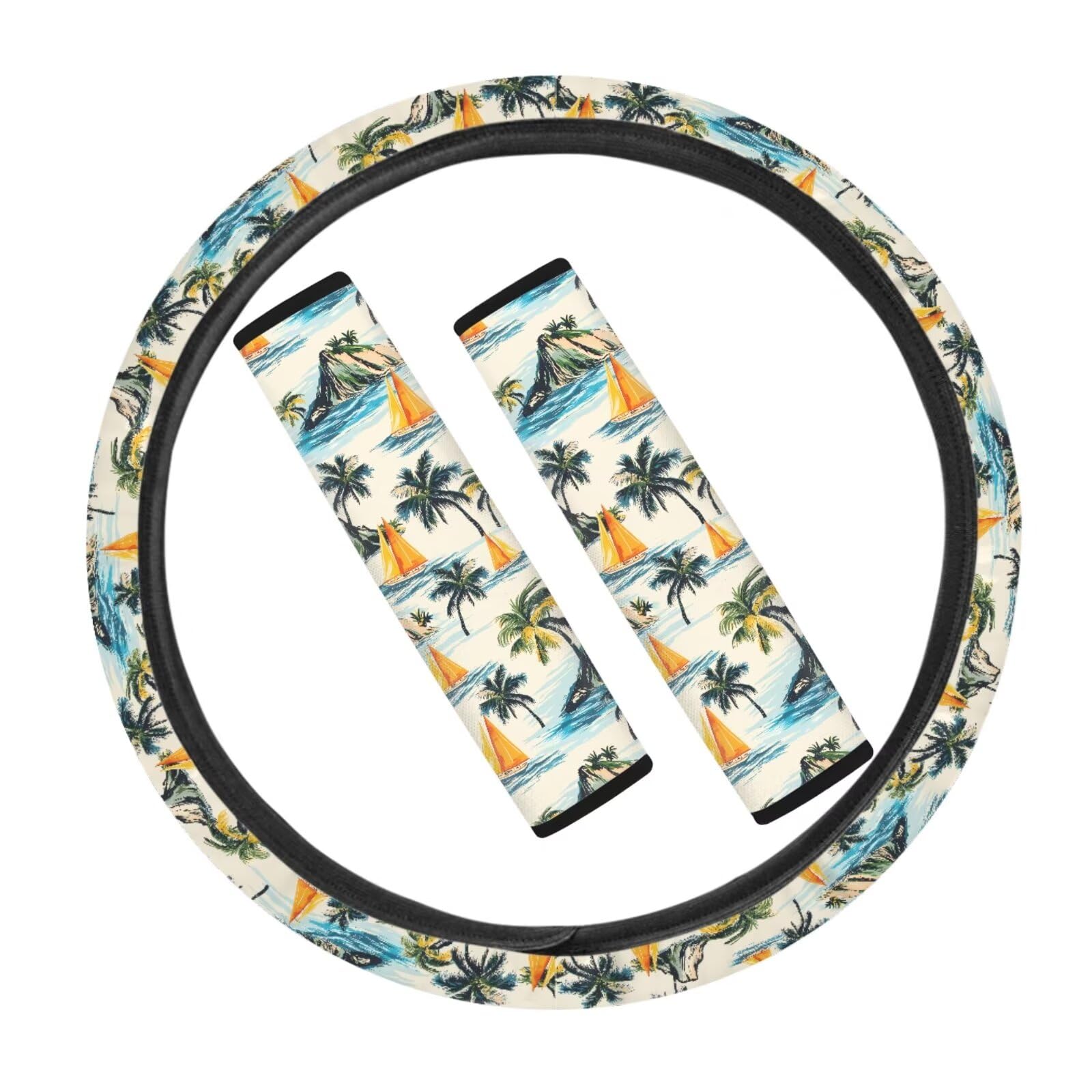 JOAIFO Non Slip Car Steering Wheel Cover and 2 Pack Soft Seatbelt Covers Set Universal Soft Easy to Install, Palm Tree Print