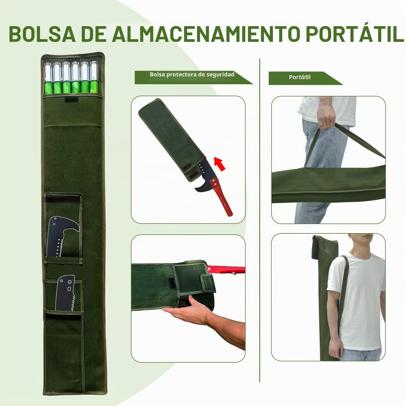 Sierra de podar manual, mango de 8 m, longitud ajustable. Herramientas, pértiga telescópica para poda de palmeras, largo alcance, bolsa de transporte. Corta limpio y rápido ramas altas, con tijera A