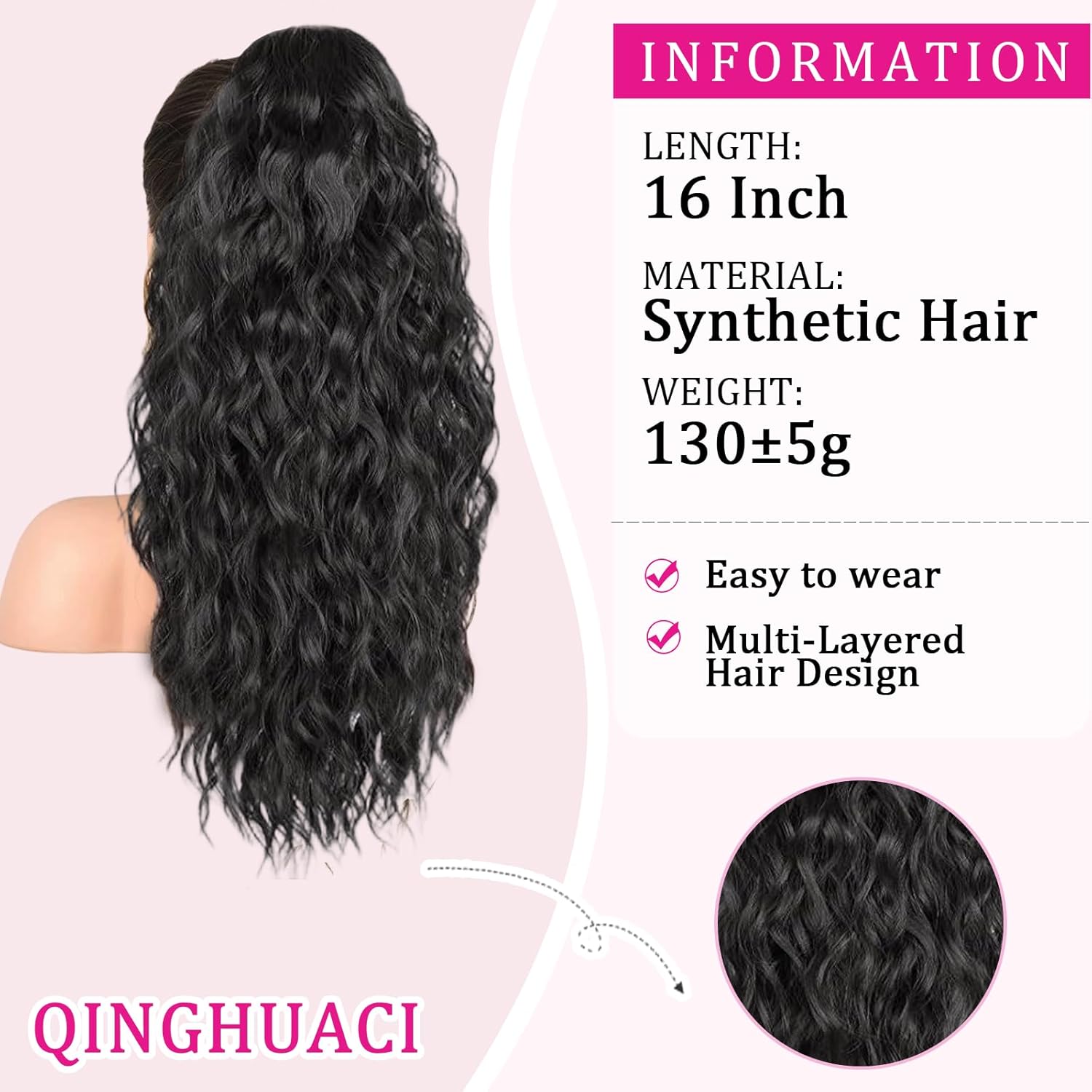 Ponytail Extension, 16 Inch Drawstring Ponytail Curly Fake Ponytail Extension Wavy Pony Tails Hair Extensions Clip on Ponytails Synthetic Hairpiece Pony Tail Extensions for Women (Black) - Image 2