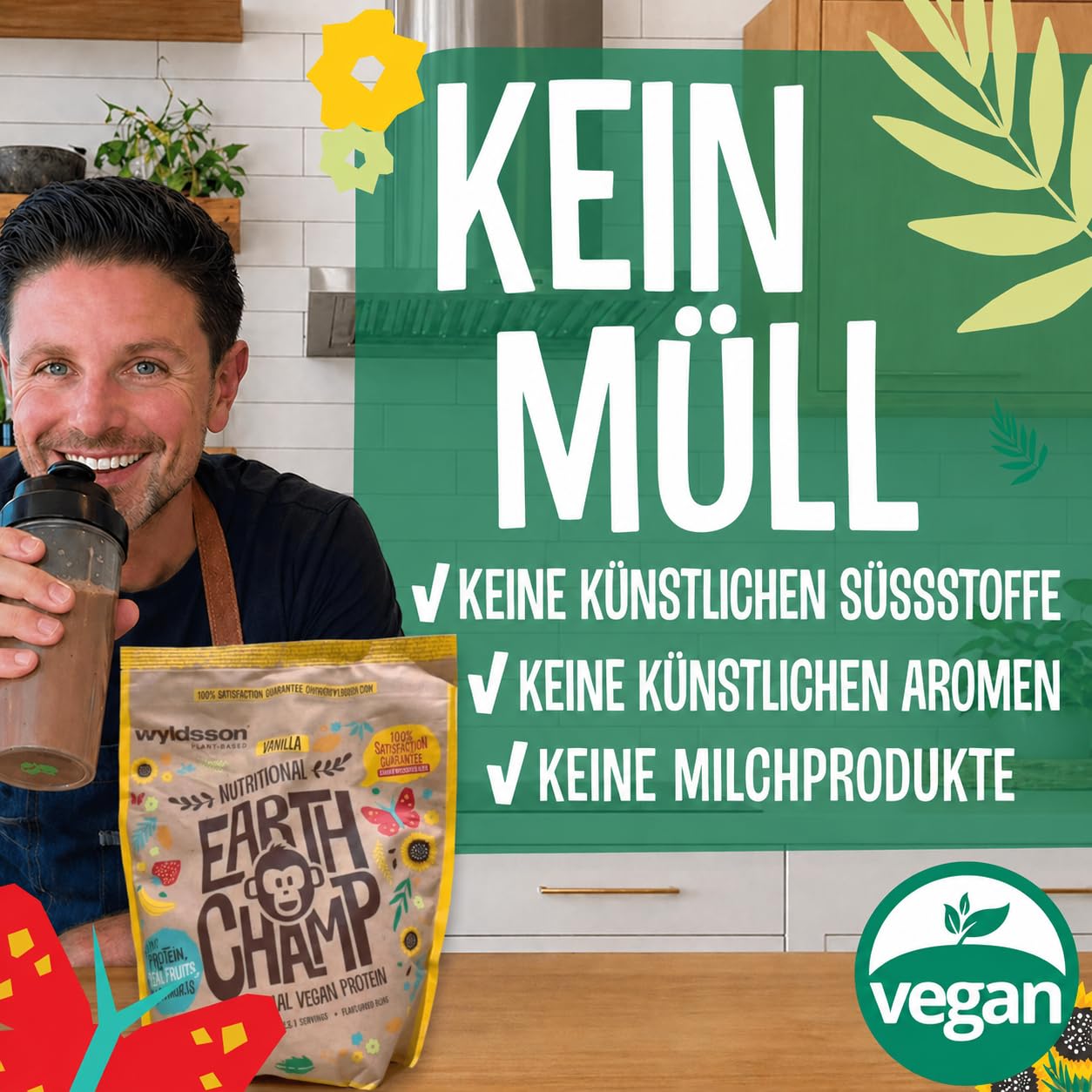 Vegan Protein Schoko | Keine Sucralose | Veganes Proteinpulver aus 4-Komponenten Pflanzliches Eiweißpulver - Laktosefrei, Glutenfrei - Ohne künstliche Aromen (2 Kg onhe Dosierlöffel)