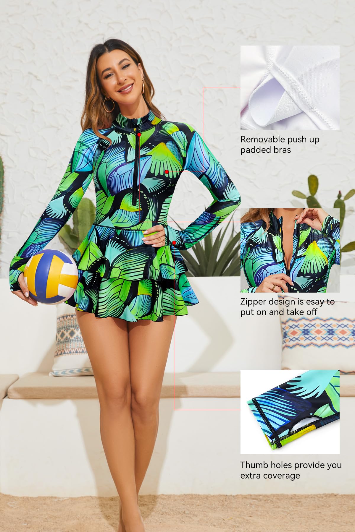SHEKINI Traje de baño de manga larga para mujer, con orificios para el pulgar, estampado de surf, de una pieza, con cremallera, falda
