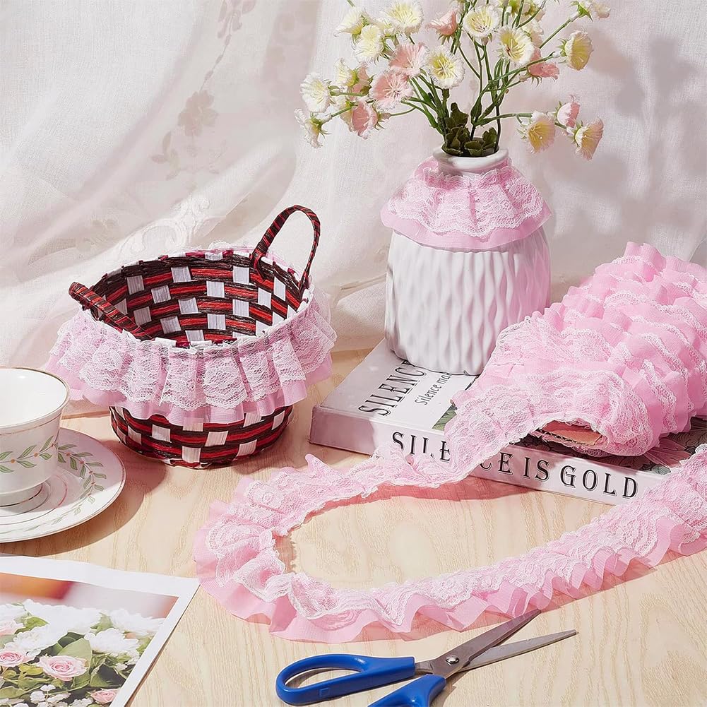 GORGECRAFT 11 Yards Pink Double-Layer Pleated Chiffon Lace Trim 5cm Wide 2-Layer Gathered Ruffle Trim Edging Tulle Trimmings Fabric Ribbon Jacquard lace for DIY Sewing Crafts Pillowcase Embellishments
