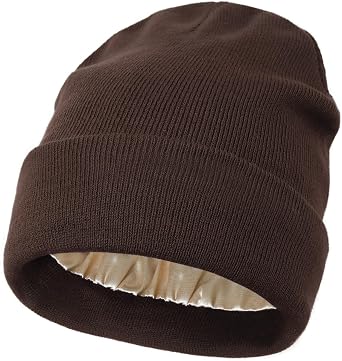 Satin Lined Beanie Hats for Women Men Knit Acrylic Beanie Winter Hat Silk Lining Soft Slouchy Warm Cuffed Beanie Hat