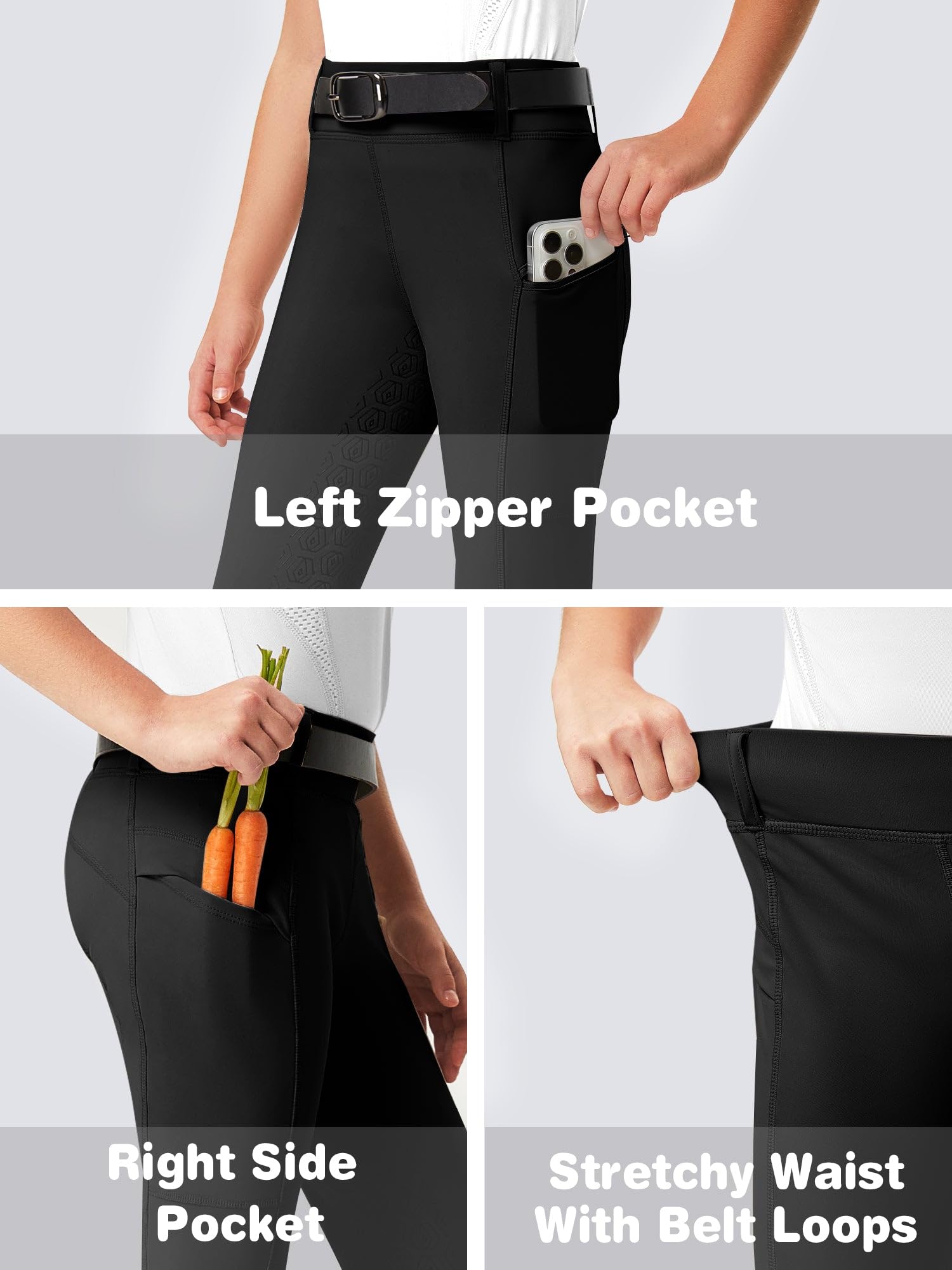 FitsT4 Sports Pantaloni da equitazione per ragazze, con sedile completo, pantaloni da equitazione elasticizzati per ragazzi e cavalli, con tasche con cerniera