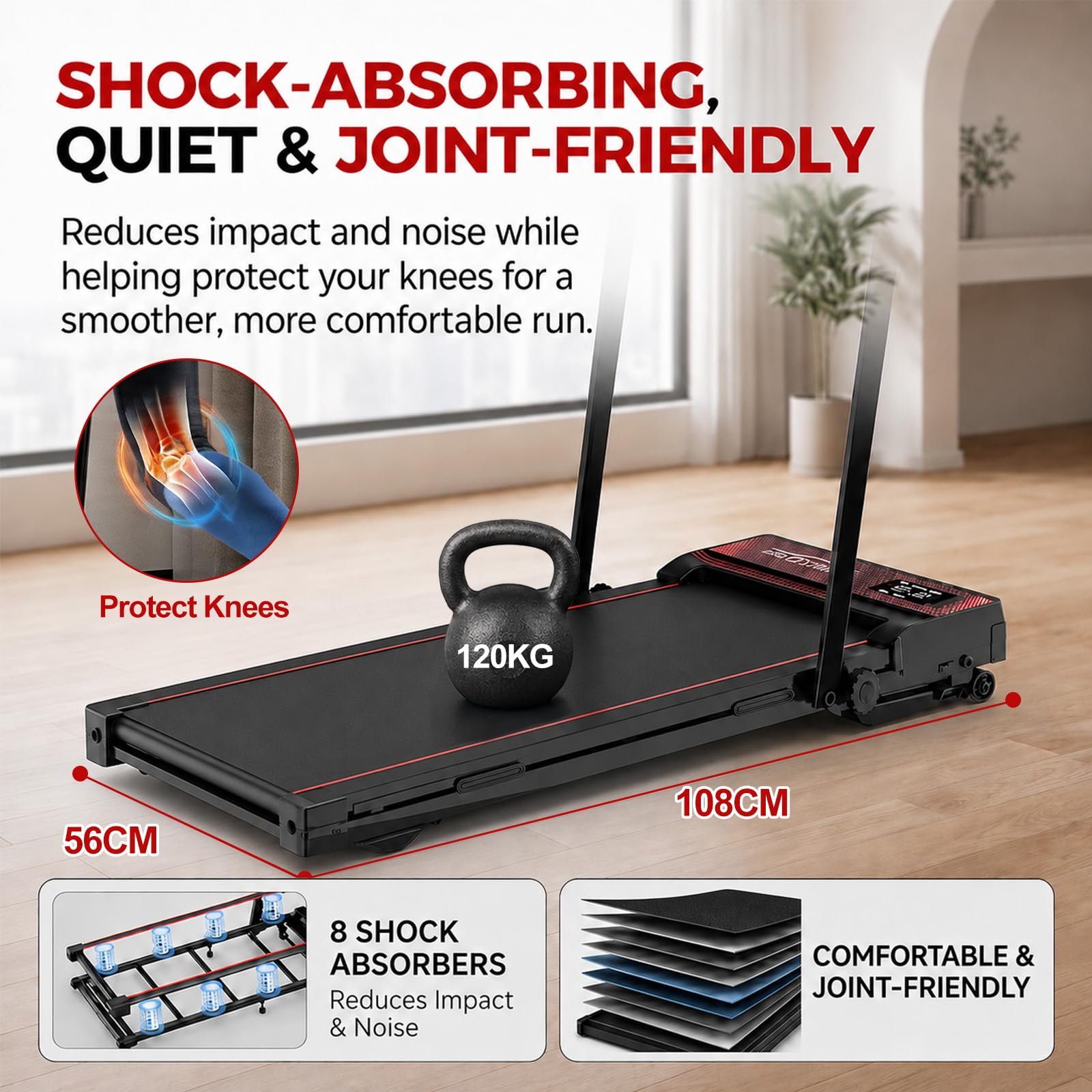 Tapis Roulant 4 in 1, Pieghevole per Casa e Ufficio, da Scrivania 1–12 km/h, Silenzioso e Compatto per Camminata e Jogging, per Principianti con Telecomando e Display LED