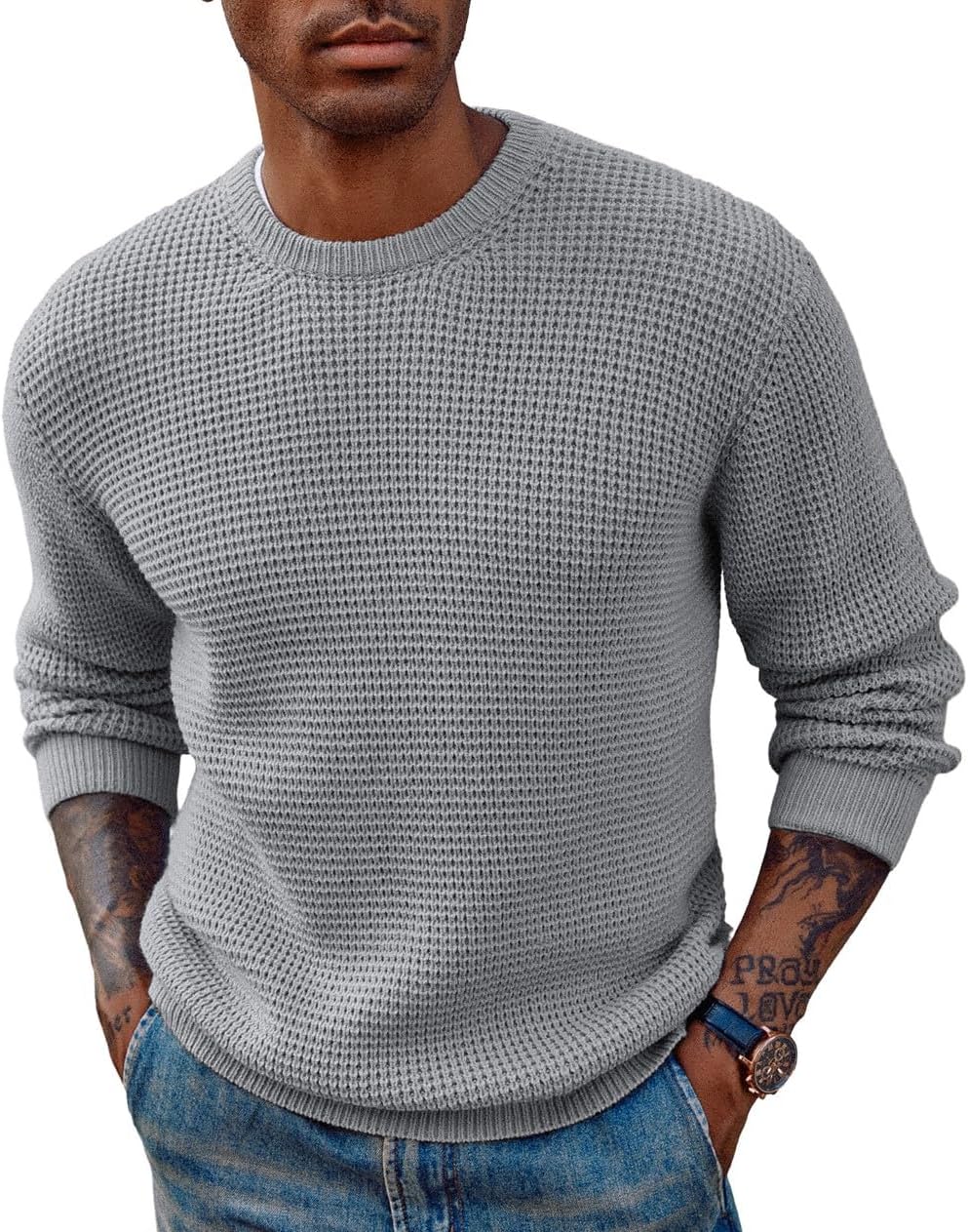 PJ PAUL JONES Mens Pullover Sweater Waffle Textured Long Sleeve Knitted Sweaters