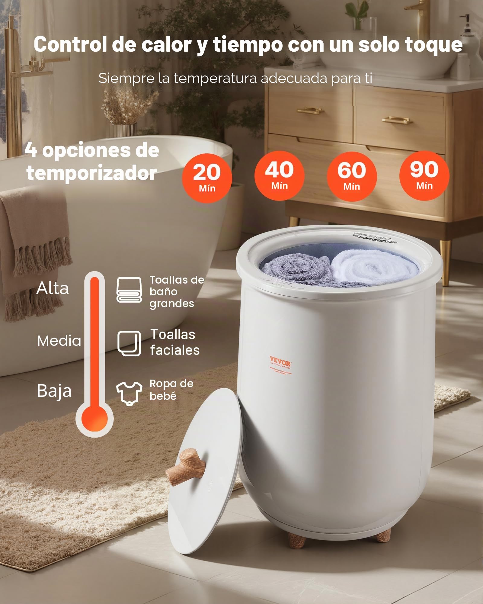 VEVOR Calentador de Toallas Cubo de 20 L con Luz Indicadora LED Calentador de Mantas Apagado Automático Secador de Toallas Portátil Temperatura Ajustable para SPA, Hogar, Baño, Manta, Pijama, Gris