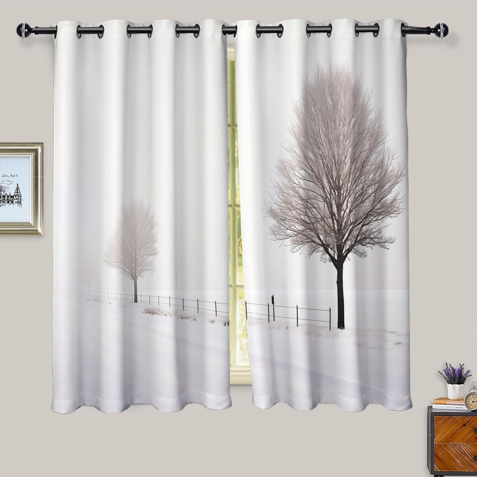 Rideau occultant salon lot de 2 thermique isolant 132x158 cm motif paysage d'hiver