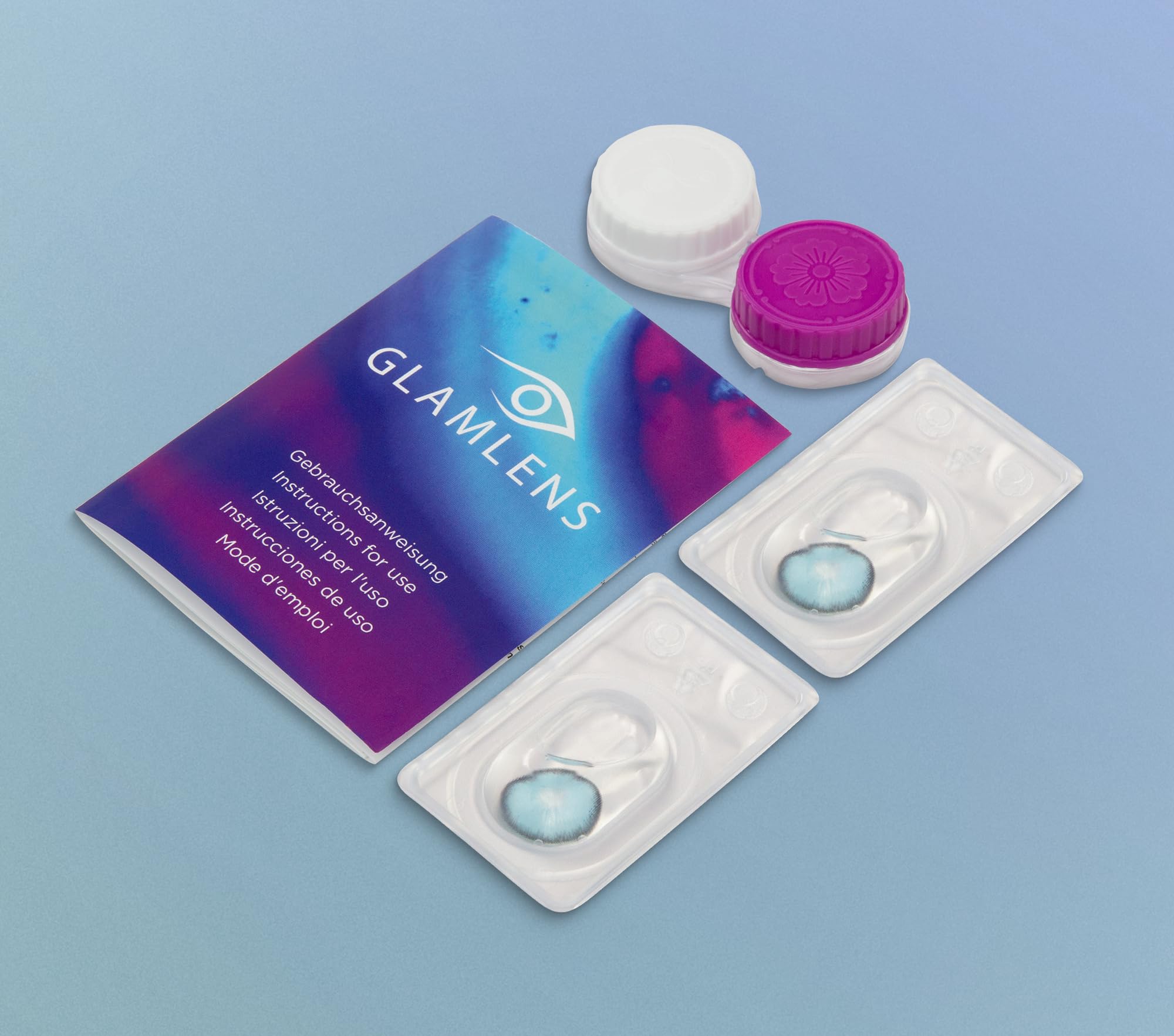 GLAMLENS lentillas de color - bleu Barcelona Blue + contenedor. 1 par (2 piezas) - 90 Días - Sin Graduación - 0.00 dioptrías - blandos - Lentes de contacto bleu de hidrogel de silicona s