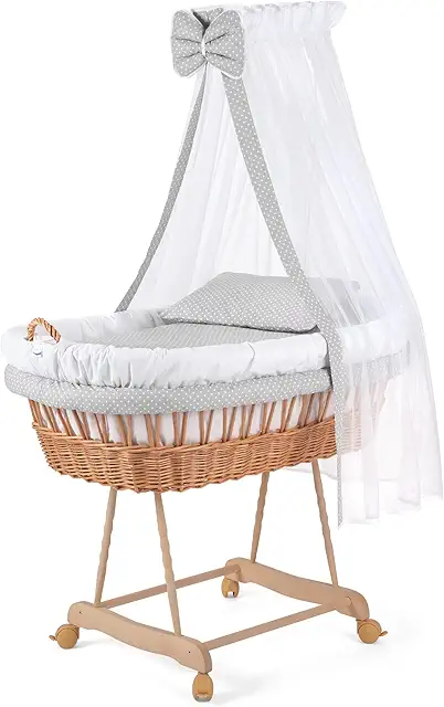 WALDIN Cuna Moisés XXL en Mimbre, 9 Colores, con Accesorios y Ruedas con Freno