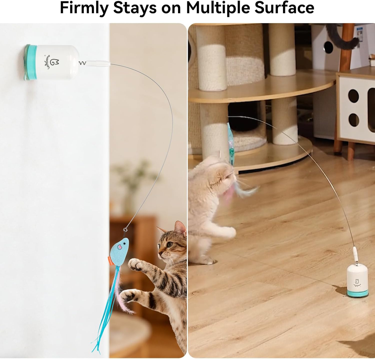 Migipaws Interactive Automatic Cat Teaser Wand Toy with Strong Suction Cup, 70cm Flexible Wire & DIY Bending Design, Rechargeable Cat Exercise Toy with Auto Timer for Indoor Cats (White)