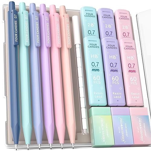 Four Candies Mechanical Pencils 0.7mm, with HB & 2B Lead Refills 0.7, Pastel Eraser Set & Eraser Refills, 16-Count Pack with Case, Cute Aesthetic School Supplies for Writing, Drawing and Sketching