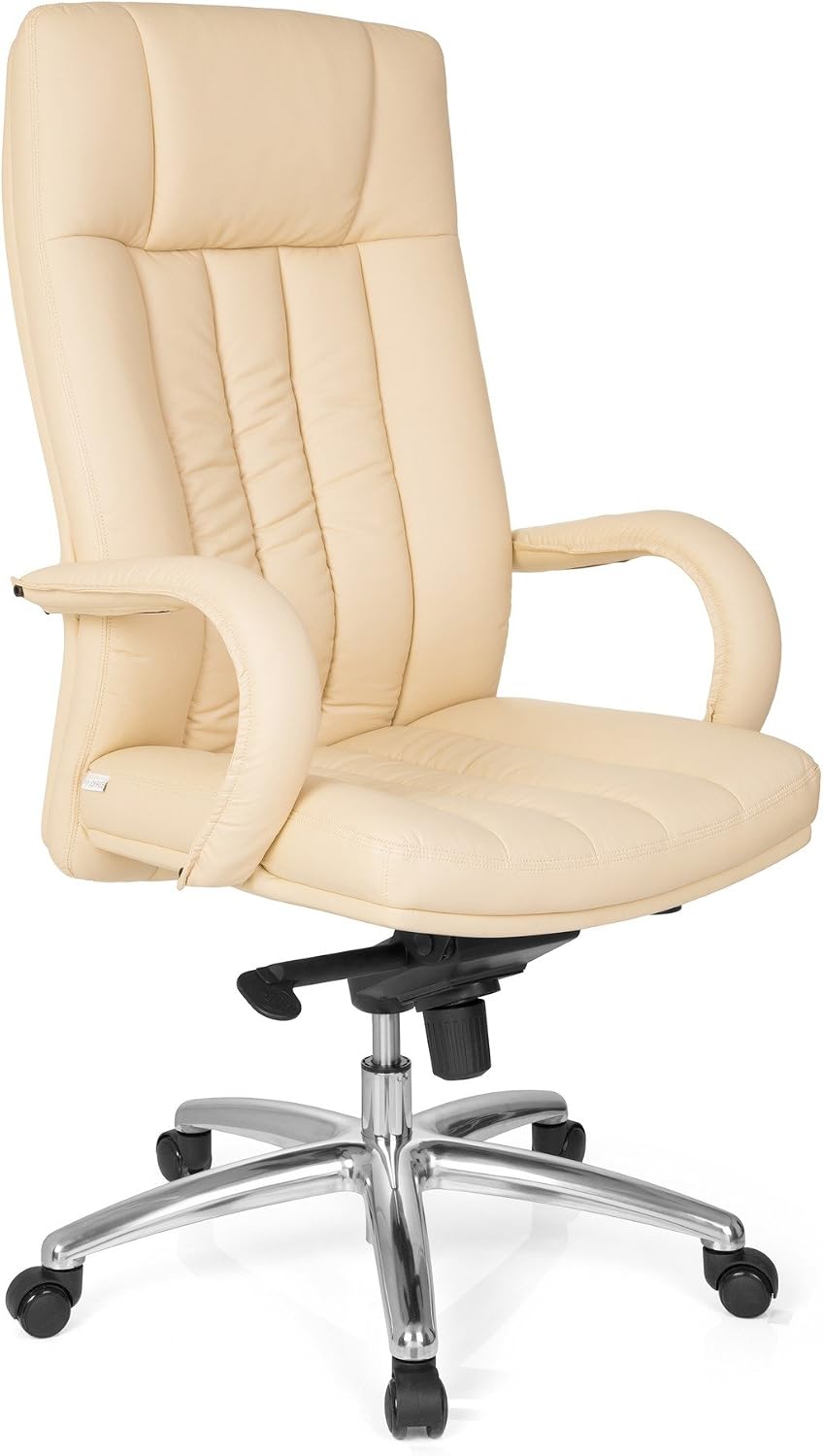 Side view of the hjh OFFICE 724210 executive chair in beige faux leather, showcasing its ergonomic design and padded armrests.