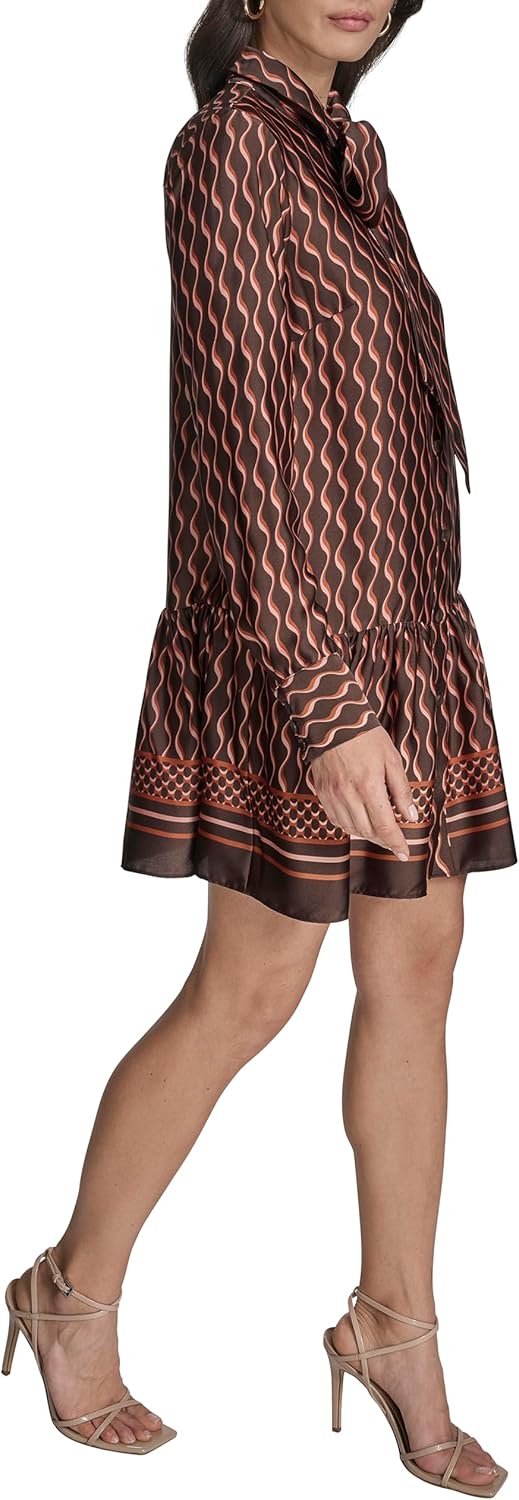 BCBG Womens Long Sleeve Collared Tie Neck Ruffle Trim Mini Dress - Image 3