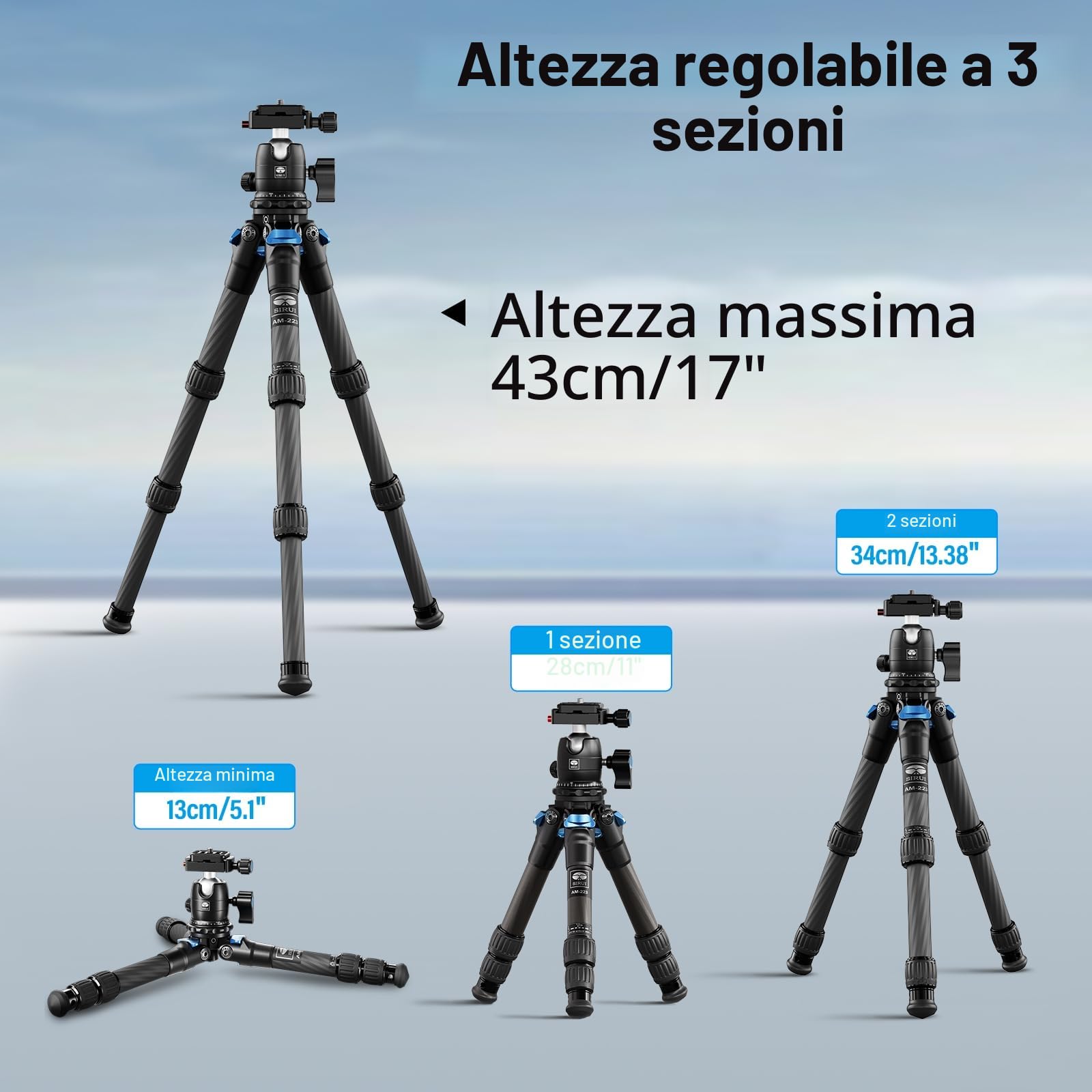 SIRUI Mini Treppiede Fotocamera AM-223, Portatile Compatto Treppiede Carbonio con Testa a Sfera B-00K a 360 Gradi, 13-43CM Treppiede da Viaggio con Piastra a Sgancio Rapido, Carico Massimo 15kg