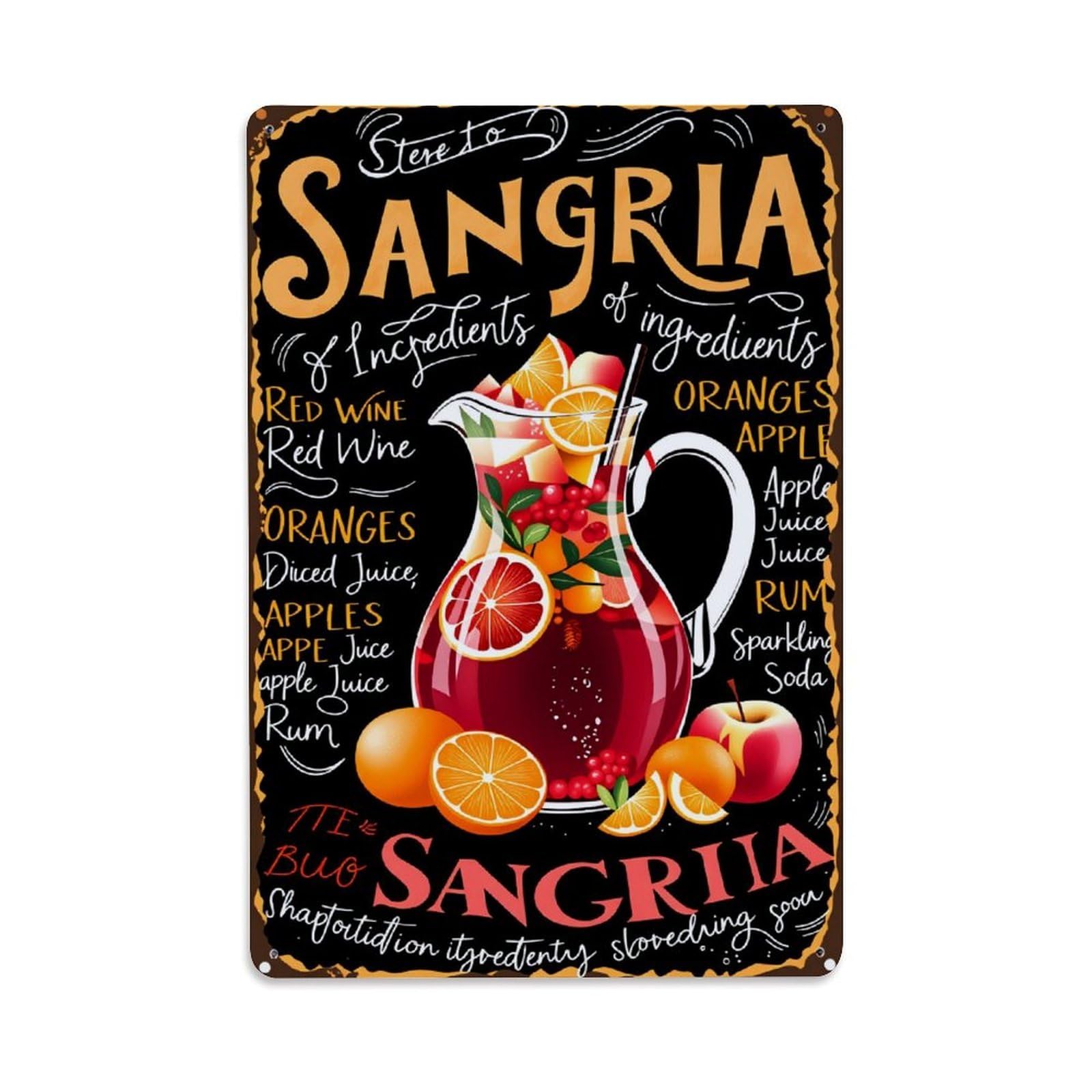 Lzwbntey Vintage Sangria Recipe Ingredients Fruit Wine Metal Tin Sign Retro Wall Decor For Home Bar Garage Cafe, Indoor & Outdoor Decorative Metal Poster, 8X12 Inch