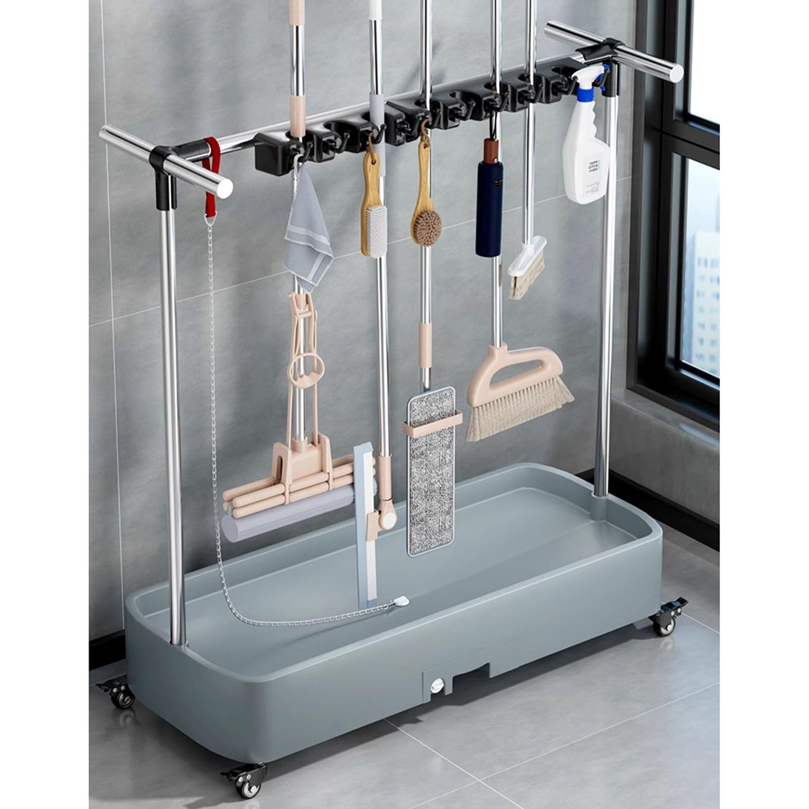 Estante para fregona y escoba, soporte de metal para fregonas húmedas, herramientas de mango largo, rastrillos y escobas, solución de almacenamiento para organizar suministros de limpieza