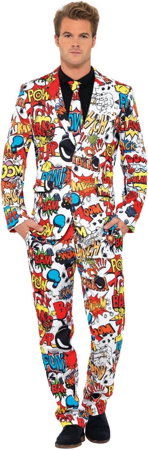 Smiffys Comic Strip Suit, Red & White with Jacket, Trousers and Tie, Stand Out Suits Fancy Dress, Comedy Dress Up Costumes