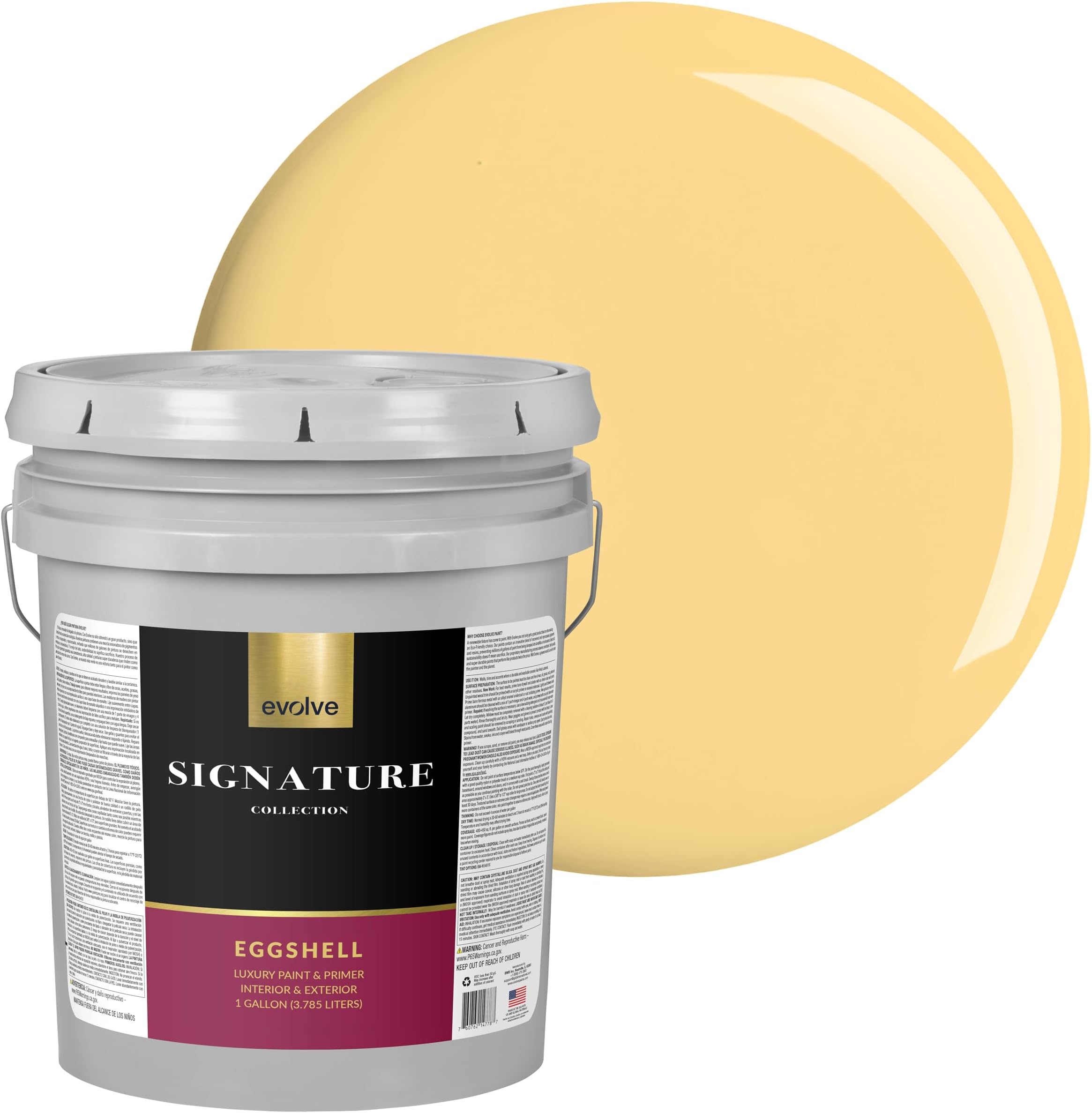 EVOLVE Signature Collection Luxury Interior Paint & Primer, Eggshell Sheen (Sunshine Yellow), 5 Gallon – Premium One-Coat Coverage, Low VOC, Low Odor, Washable Finish for Walls, Ceilings & Trim