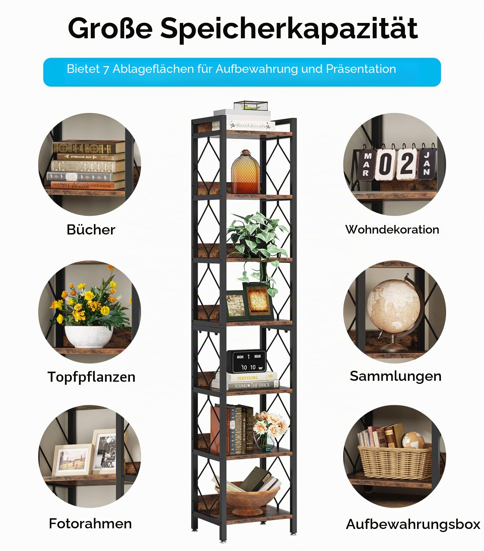 Tribesigns Eckregal mit 7 Ebenen, 200cm hohes Bücherregal Lagerregal Regal für kleine Räume Standregal, multifunktionaler Eck-Organizer für Zuhause für Wohnzimmer, Balkon, Küche (35 x 35 x 200 cm)