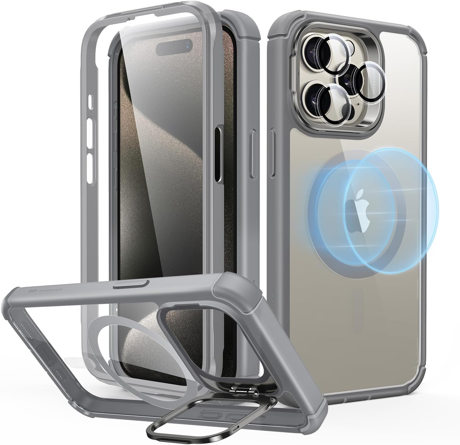 ESR for iPhone 15 Pro Max Case with Stand, Compatible with MagSafe, Full-Body Military-Grade Drop Proof Case with Built-in 9H+ Tempered Glass Screen Protector, Armor Series, Clear Grey