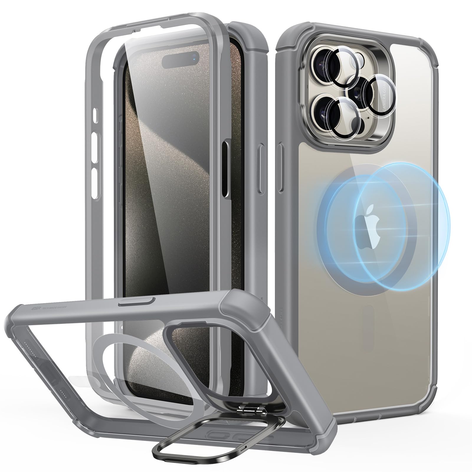 ESR for iPhone 15 Pro Max Case with Stand, Compatible with MagSafe, Full-Body Military-Grade Drop Proof Case with Built-in 9H+ Tempered Glass Screen Protector, Armor Series, Clear Grey