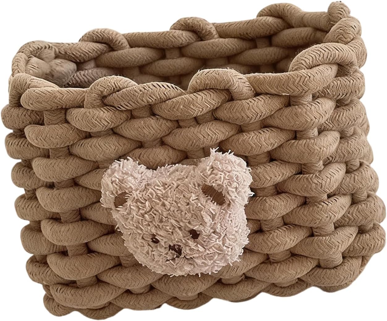 ordinarYone Small Storage Basket Woven Cotton Rope Storage Basket with Bear Doll for Living Room Bedroom and Makeup Table Organization